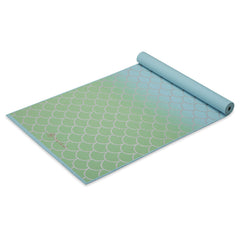 Gaiam Metallic Mermaid mat front view showing bright print and full-length size benefit