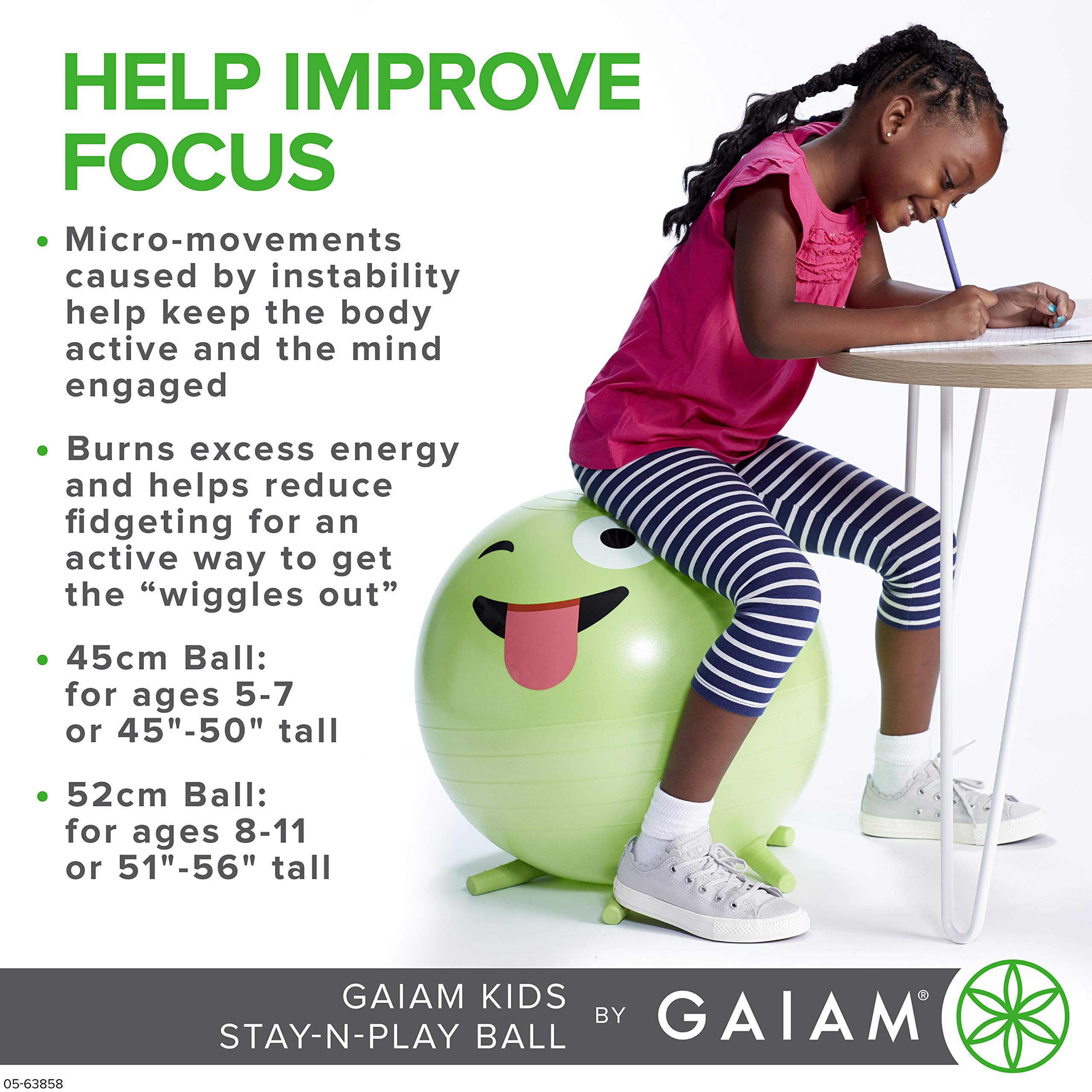 Gaiam size comparison shows child beside chair to illustrate appropriate 52cm height