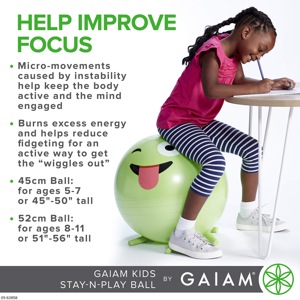 Gaiam size comparison shows child beside chair to illustrate appropriate 52cm height