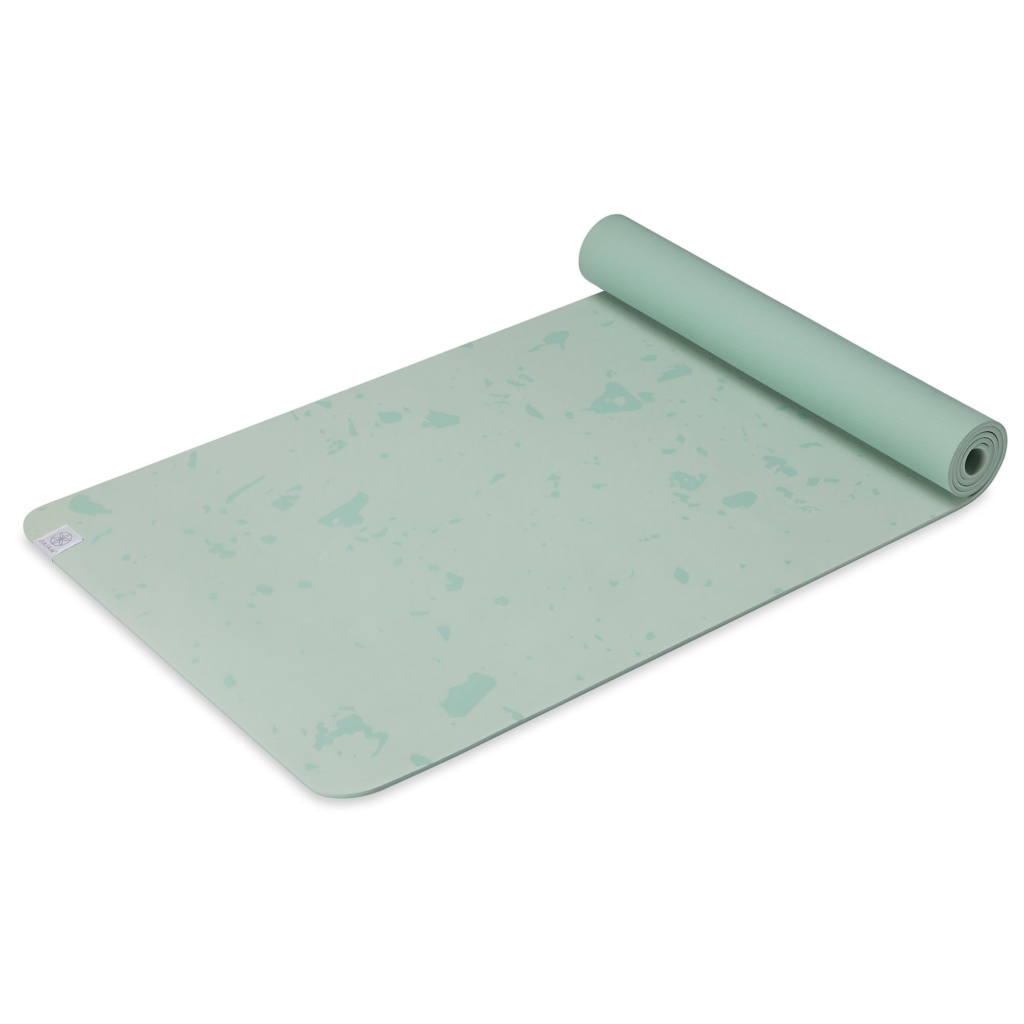Gaiam mat front view speckled sea salt showing full length and design benefit