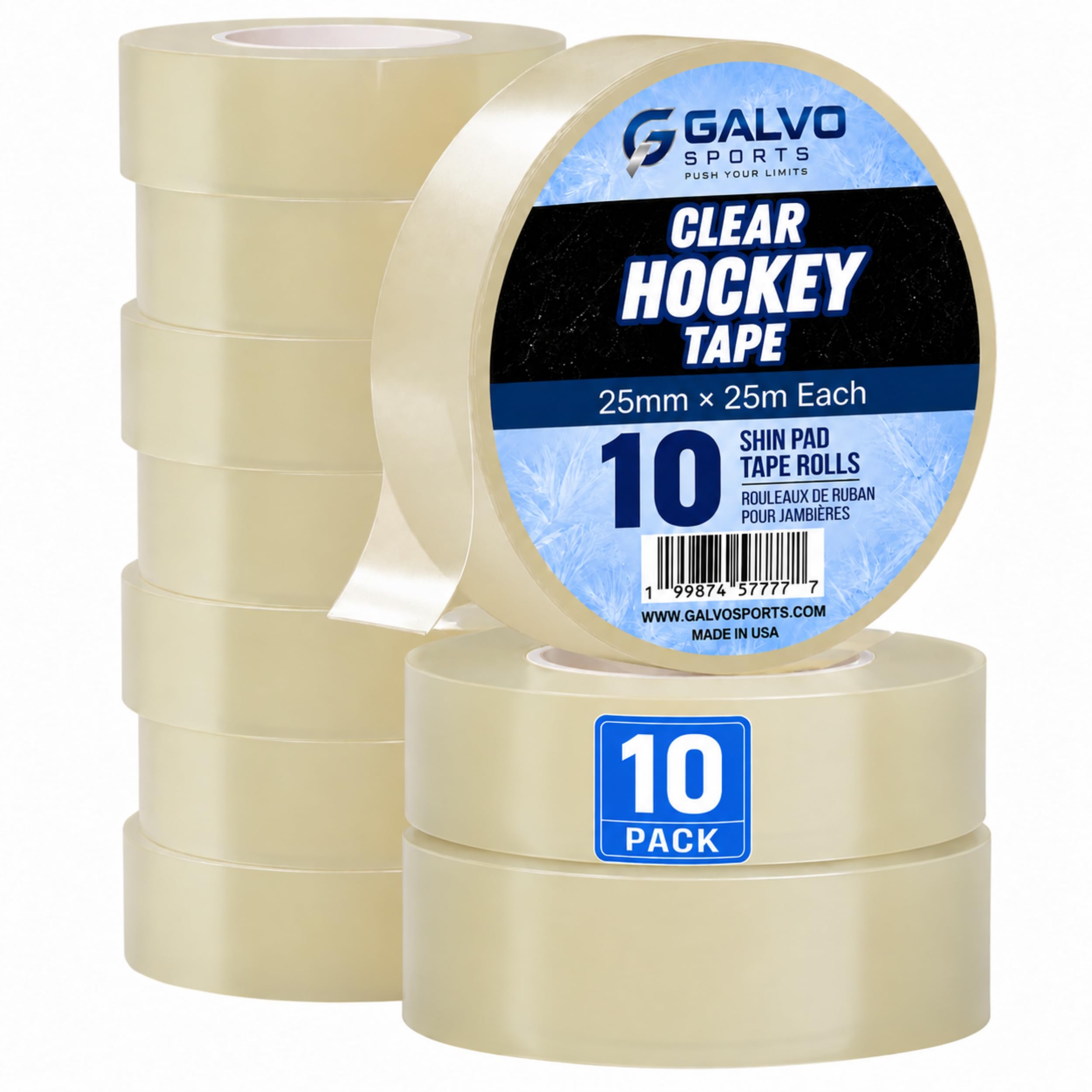 GALVO Sports front packaging showing ten clear tape rolls and bulk value benefit