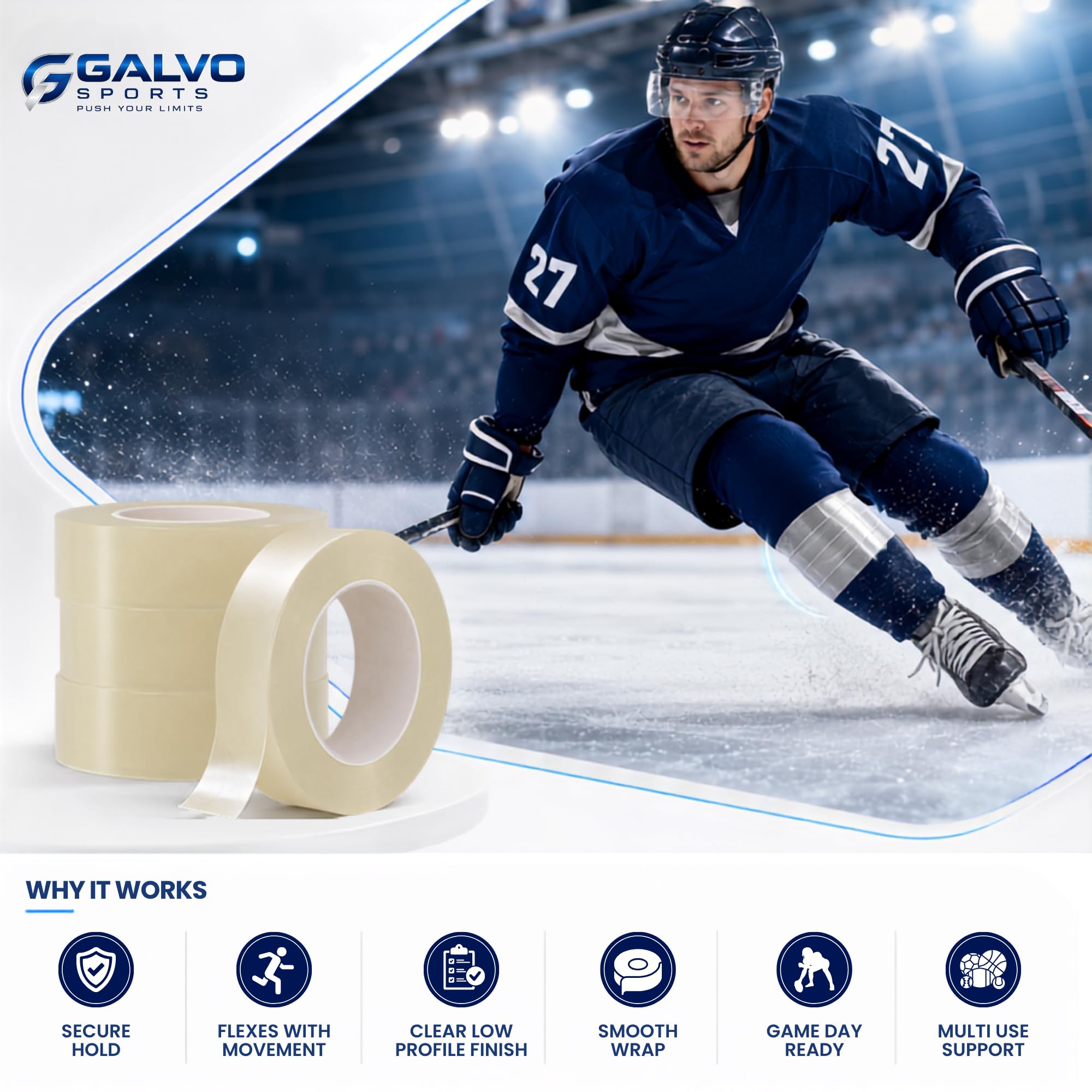 GALVO Sports tape roll beside a coin showing size for scale and convenience benefit