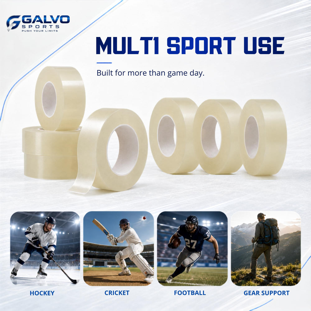 GALVO Sports clear tape securing a shin guard for stable protection benefit