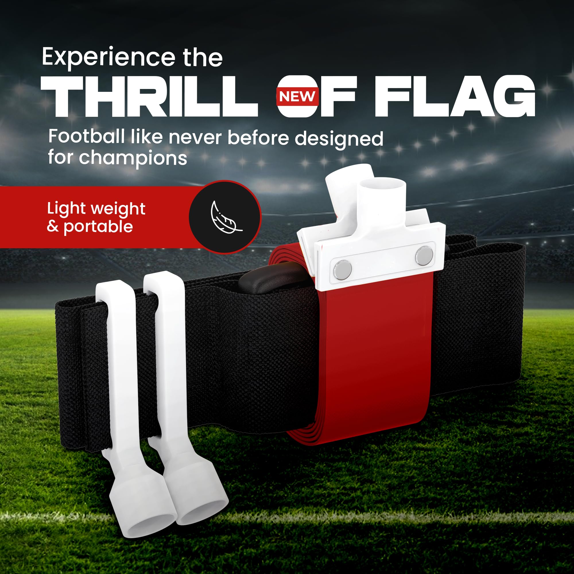 GameDay Fitness hand pulling flag from belt to show secure yet releasable attachment
