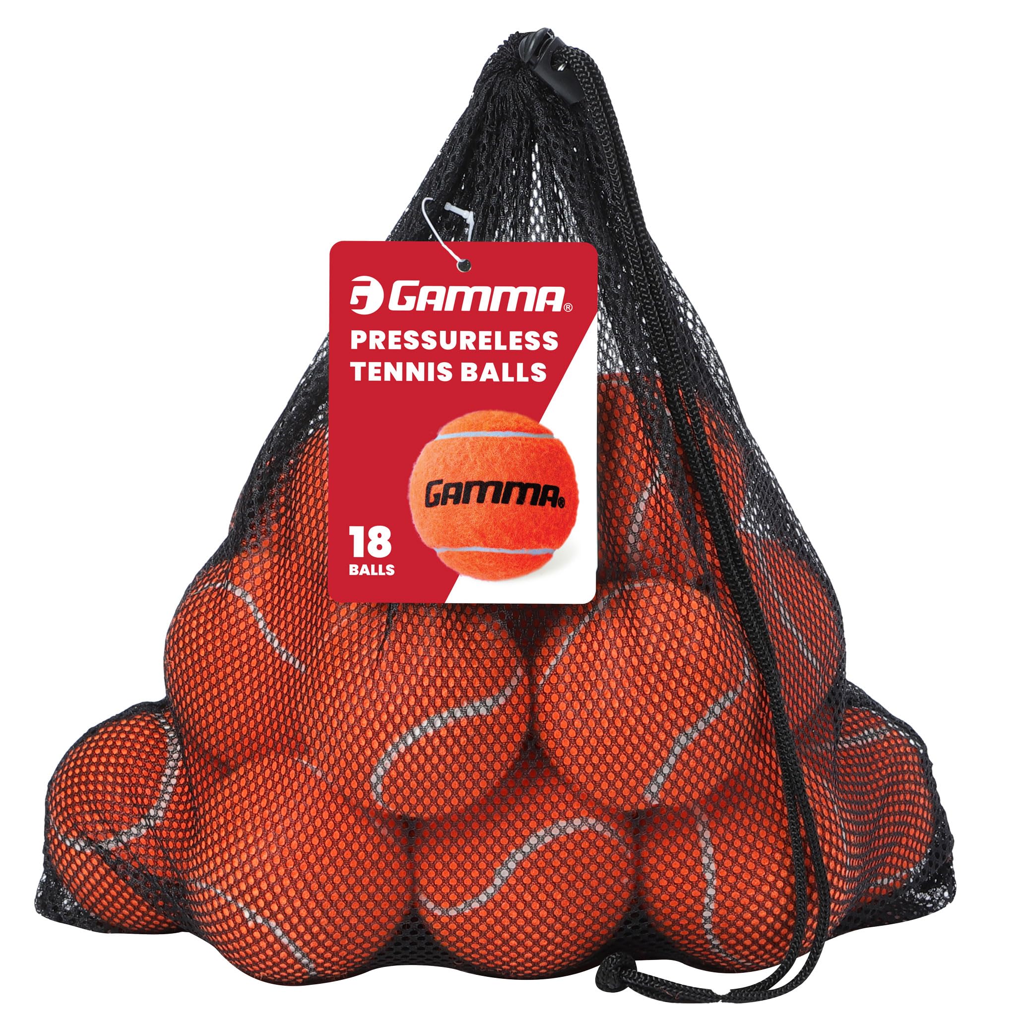GAMMA front bag packaging showing 18 orange practice balls and storage benefit