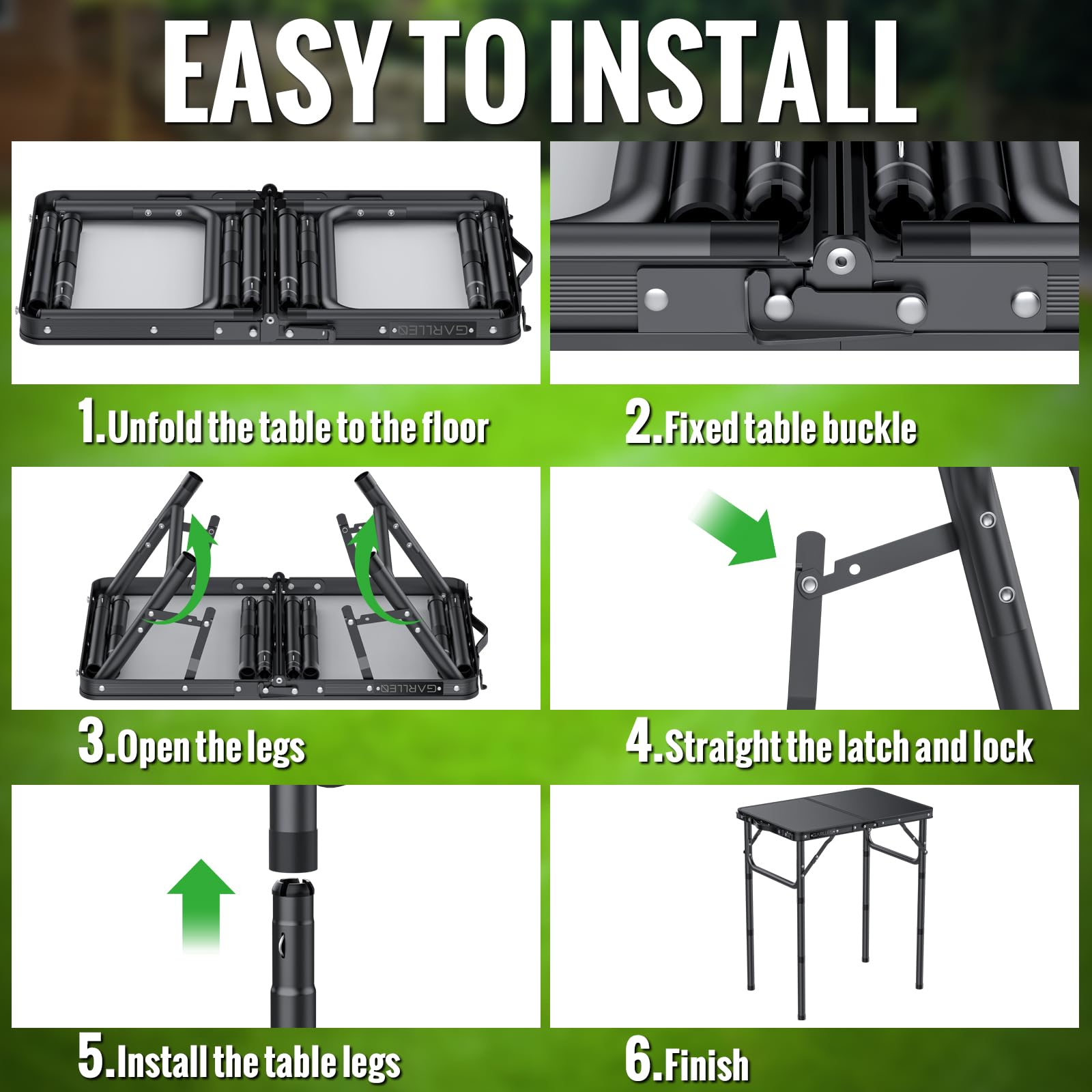 GARLLEN folded with carry handle being carried hands-free for easy transport