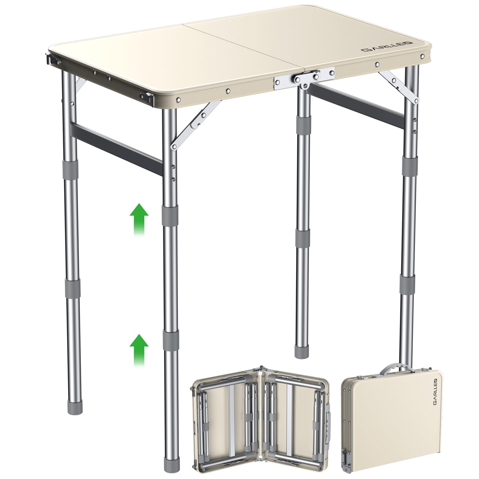 GARLLEN front view showing portable folding table and waterproof top for easy cleanup