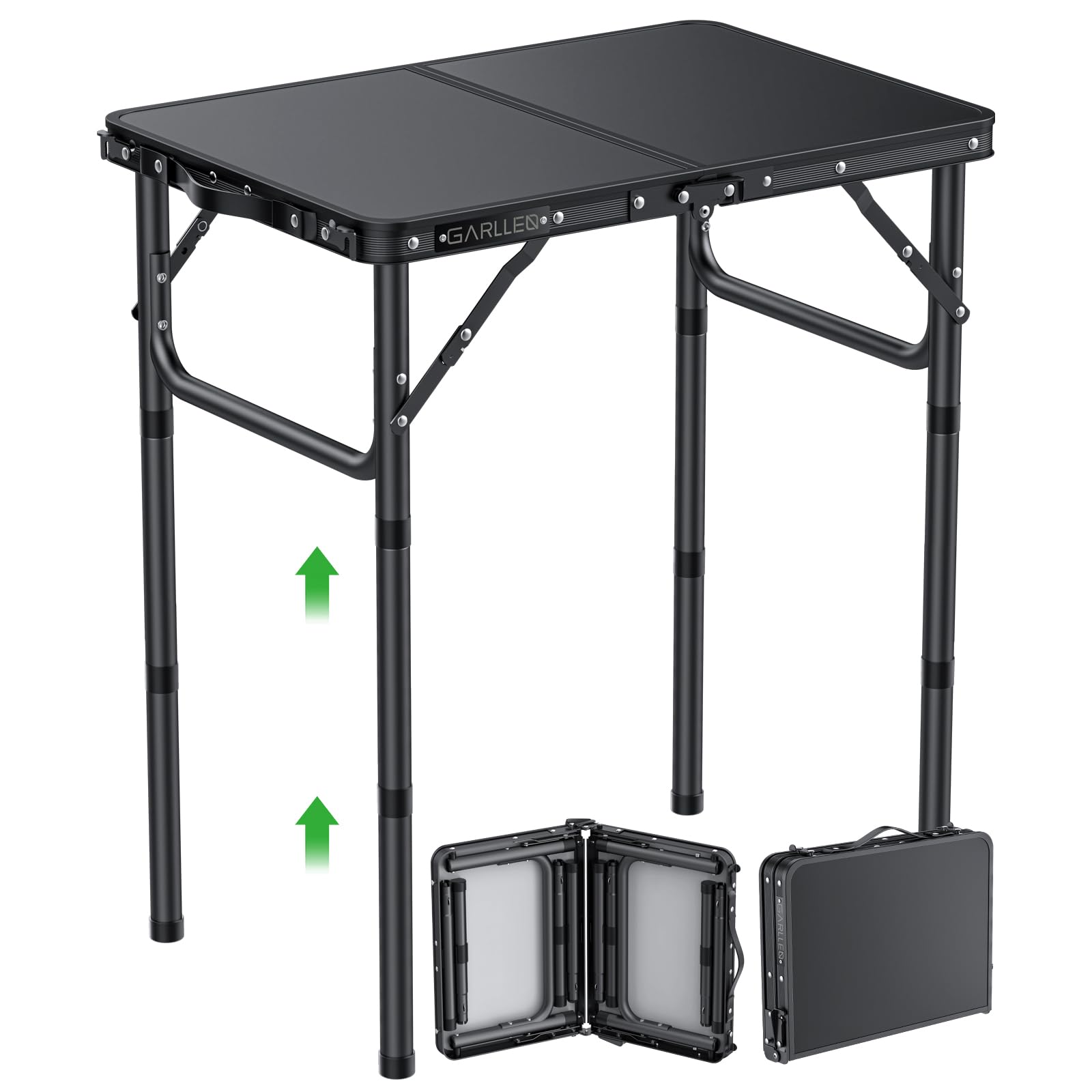 GARLLEN front view folded open showing compact tabletop and stable frame for portability