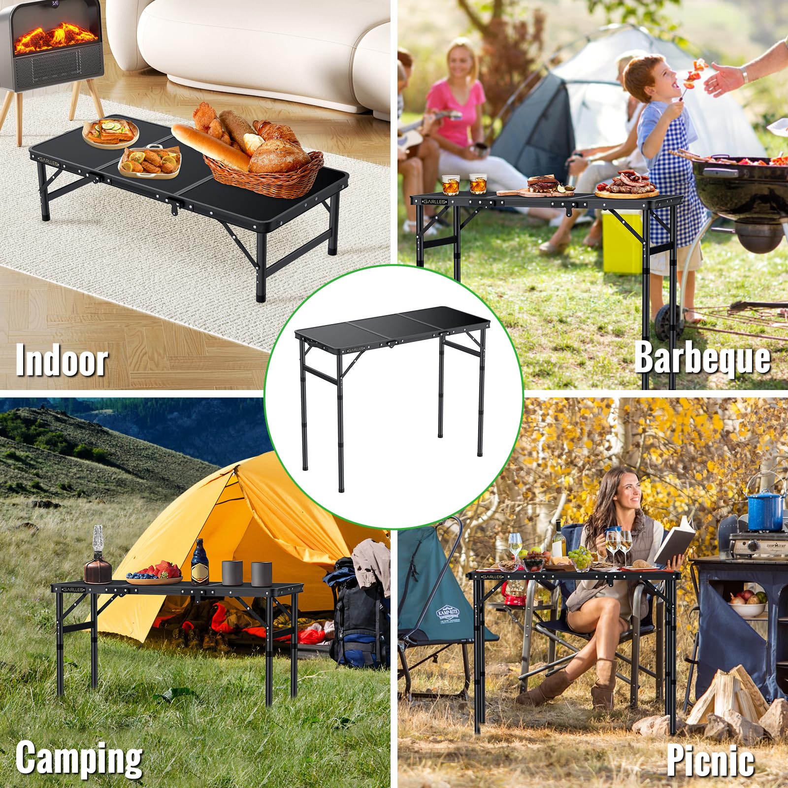 GARLLEN table at campsite showing durable outdoor use and meal convenience