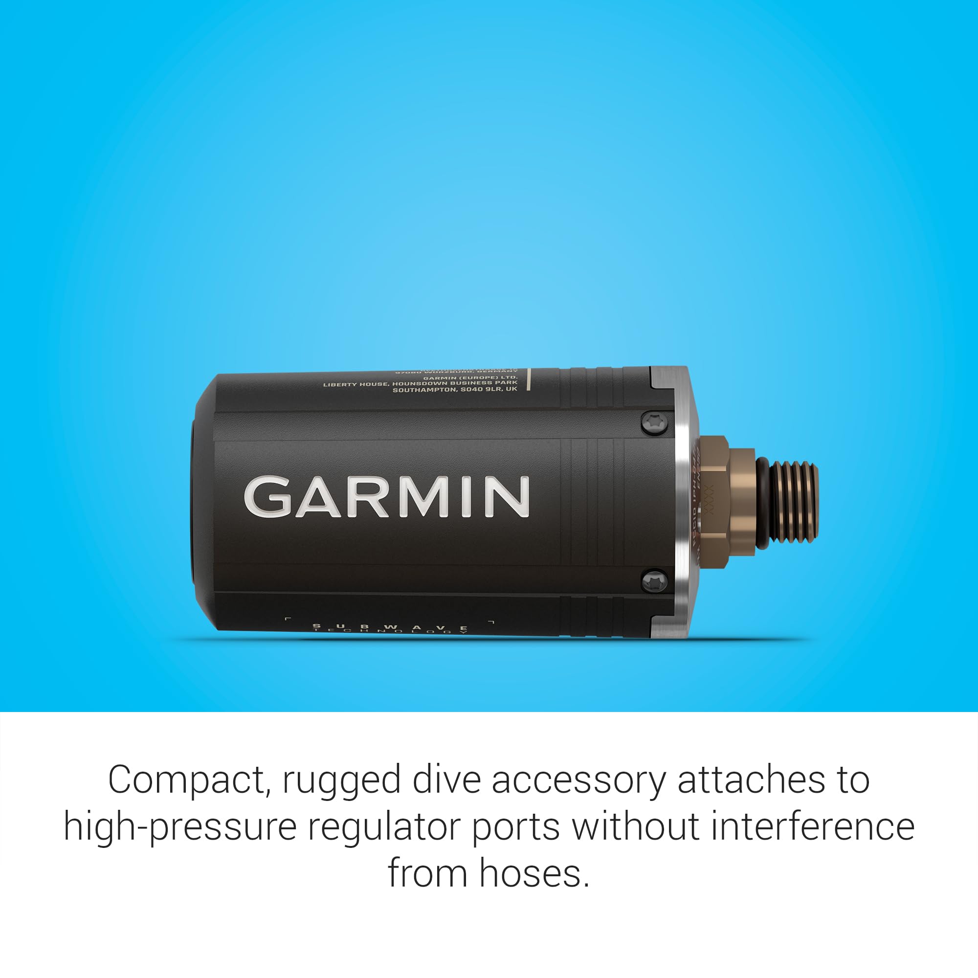 Garmin Descent T2 attached to regulator high-pressure port illustrating no-hose-interference convenience