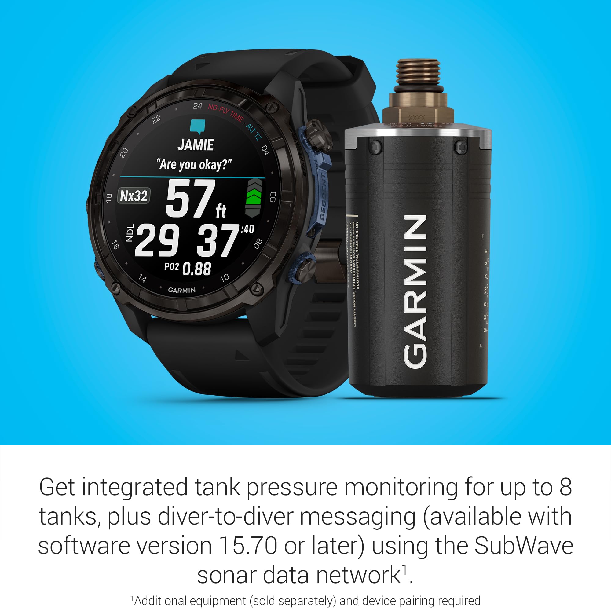 Garmin Descent T2 beside CR123A battery showing user-replaceable battery and long-dive benefit