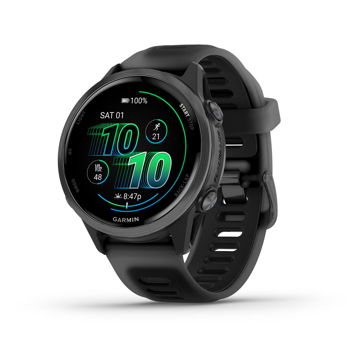 Garmin Forerunner 570 front view showing bright display and comfortable fit