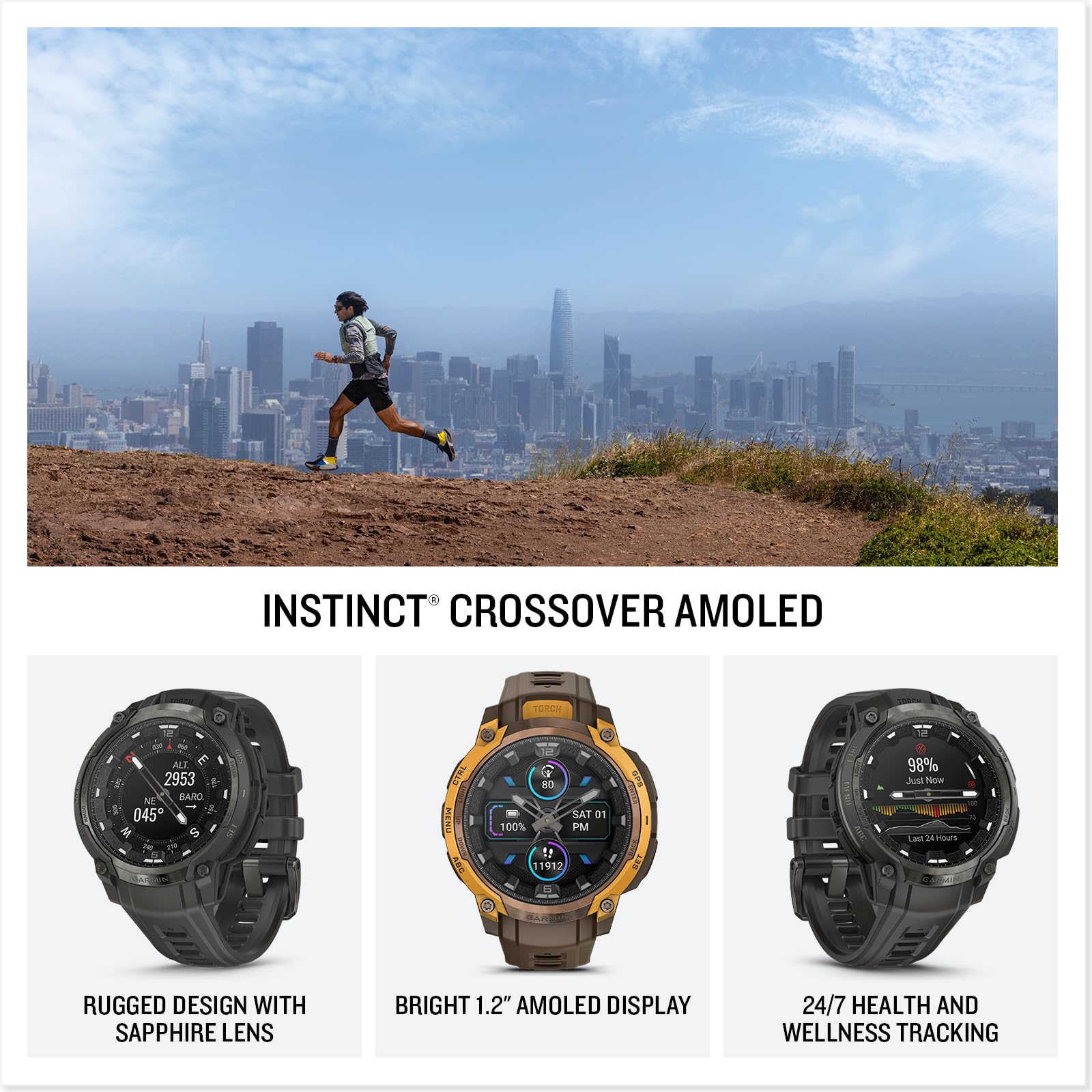 Garmin Instinct Crossover close-up of AMOLED display for clear data readability