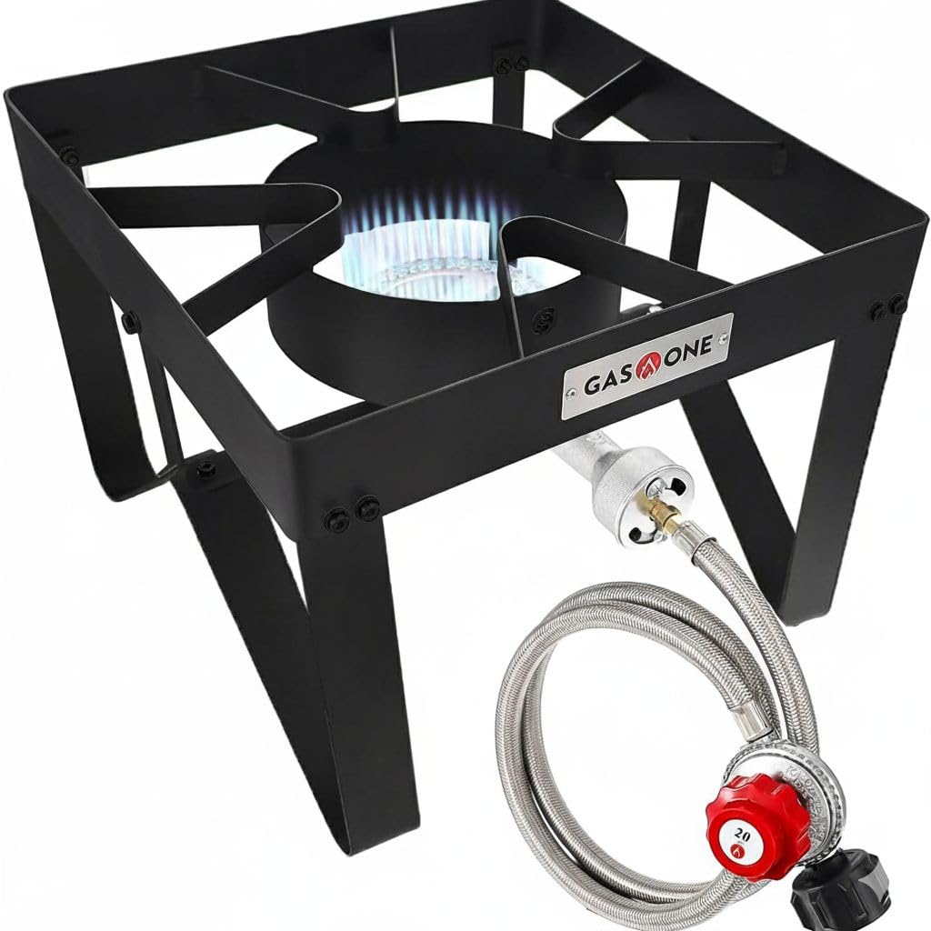 Gas One front view showing single high-pressure burner and grate, for powerful outdoor cooking