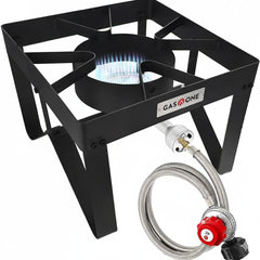 Gas One front view showing single high-pressure burner and grate, for powerful outdoor cooking