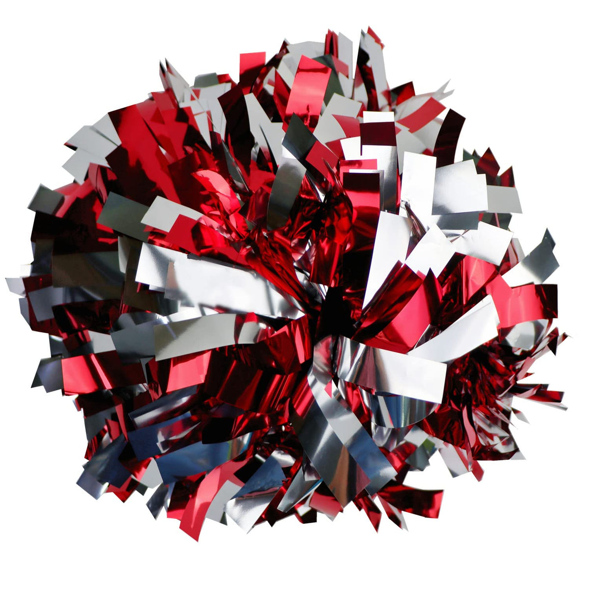 Gbateri pom poms front view showing red and silver pair and vibrant shine