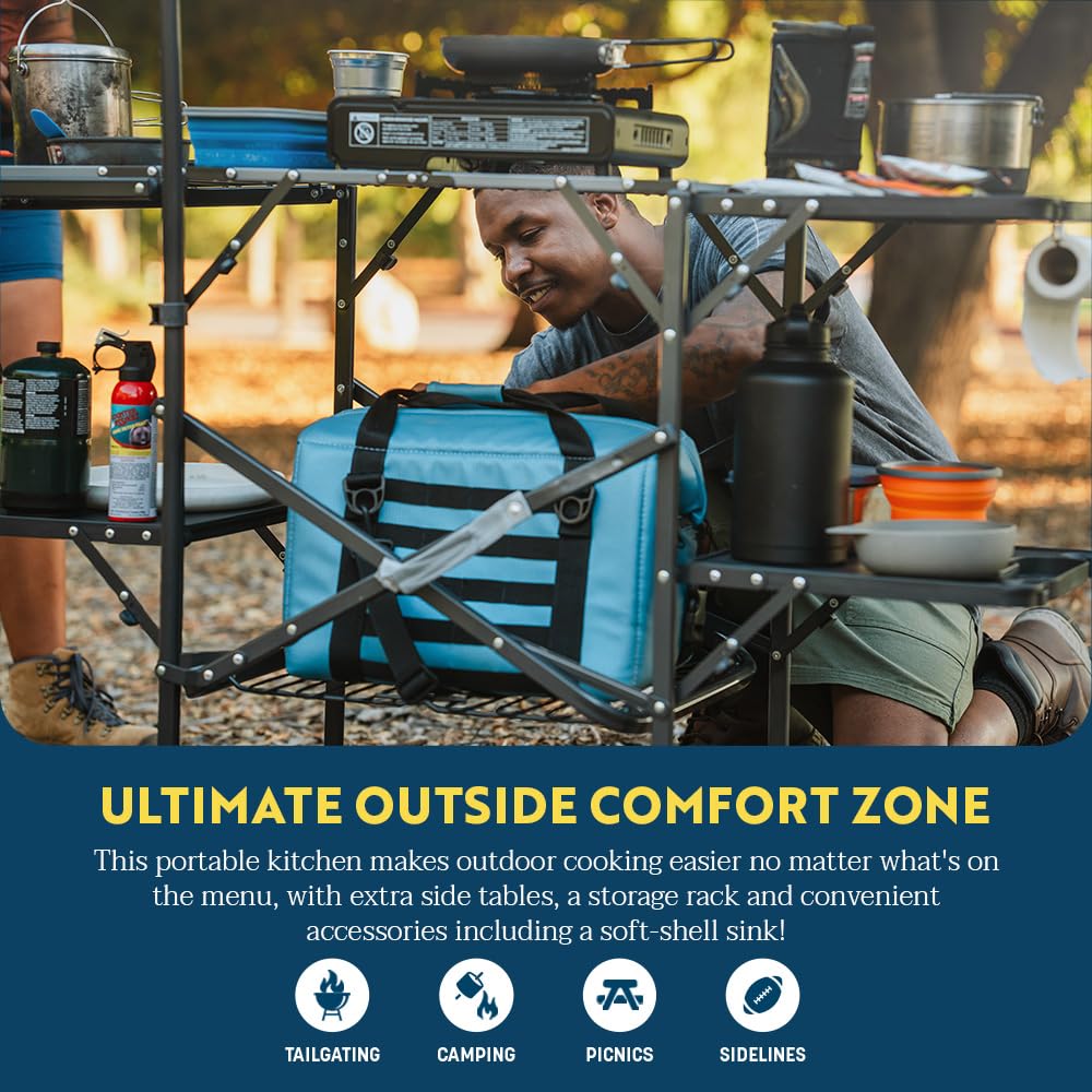 GCI Outdoor three side tables arranged for prep and serving convenience benefit