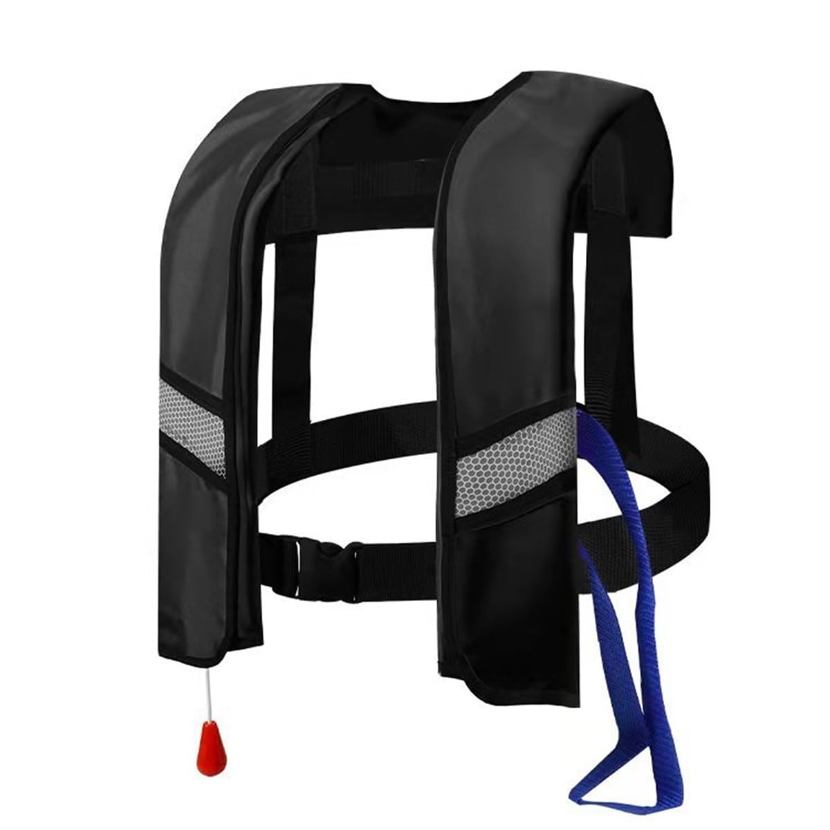 GDLHY front view of black inflatable vest showing slim fit and buckles for easy wear