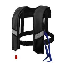 GDLHY front view of black inflatable vest showing slim fit and buckles for easy wear