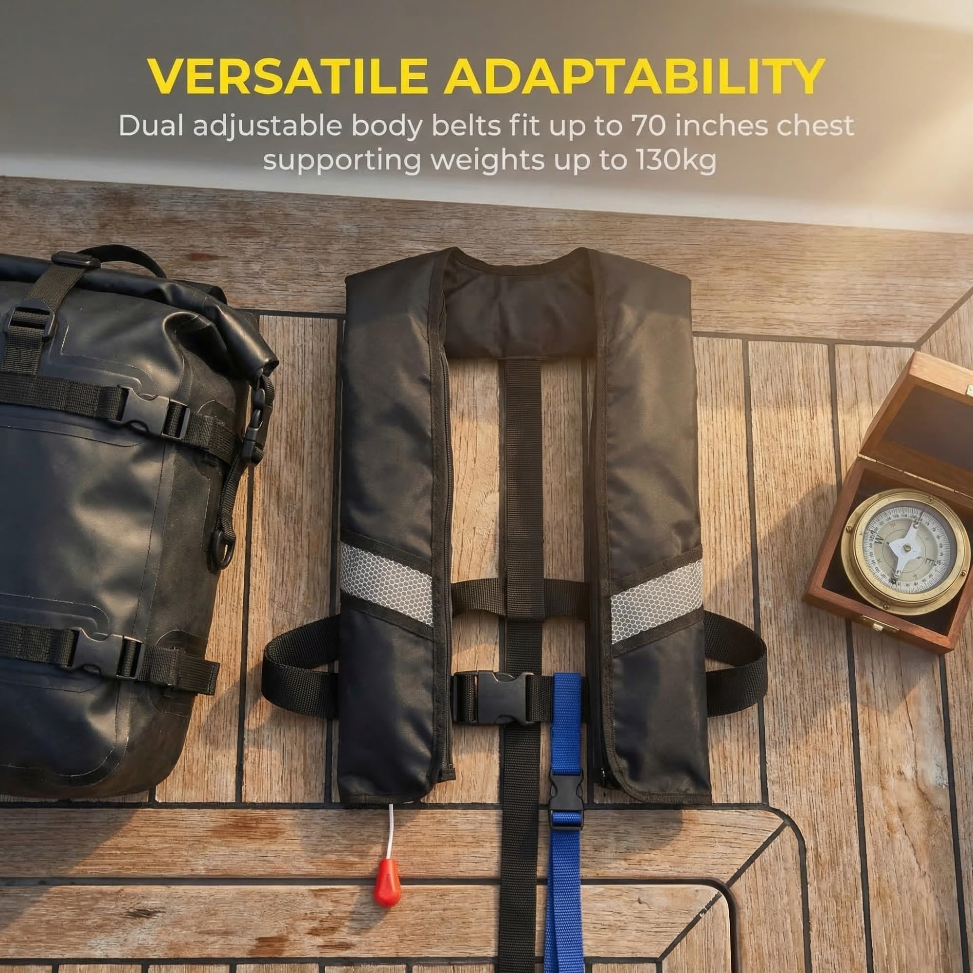 GDLHY vest next to ruler showing adjustable fit and chest size capacity