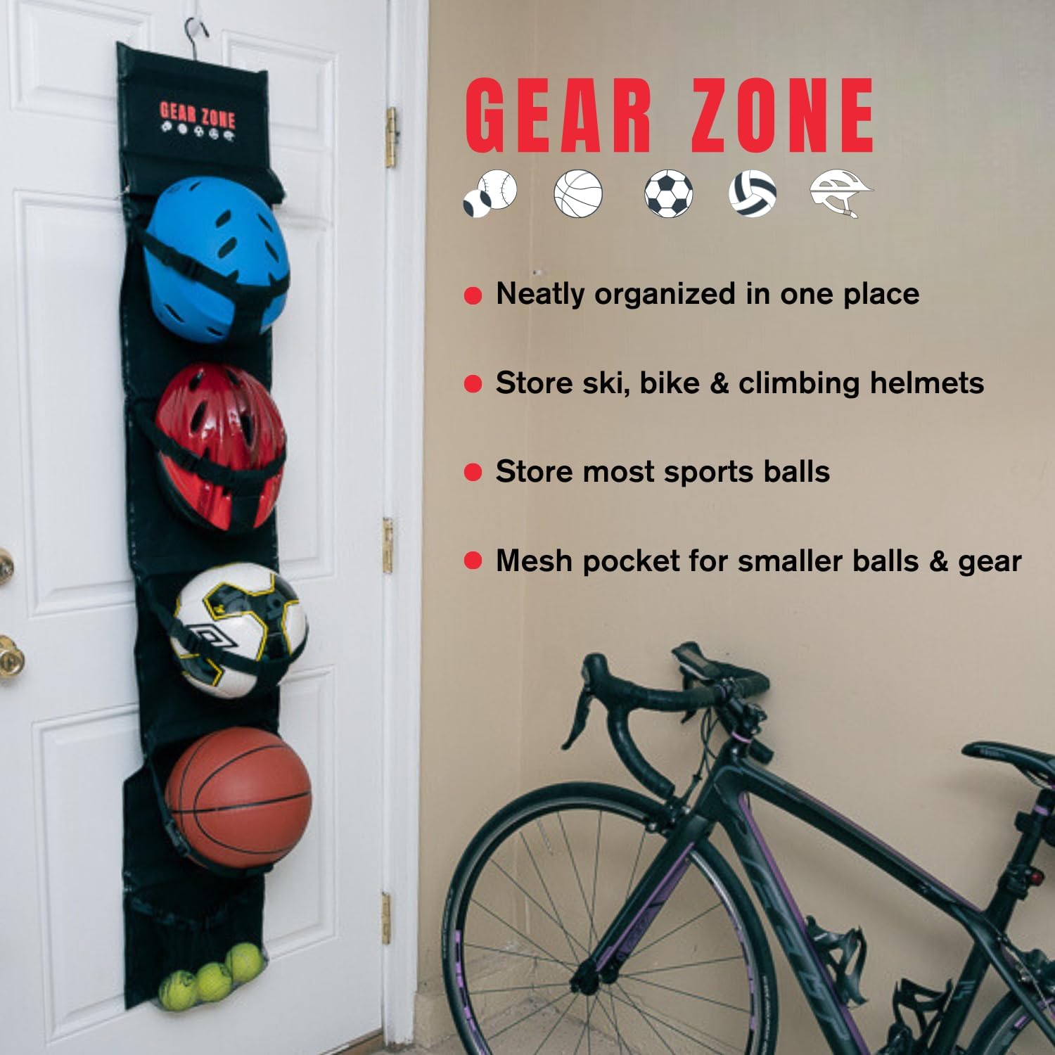 Gear Zone filled with basketballs volleyballs and soccer balls demonstrating multi-sport storage benefit