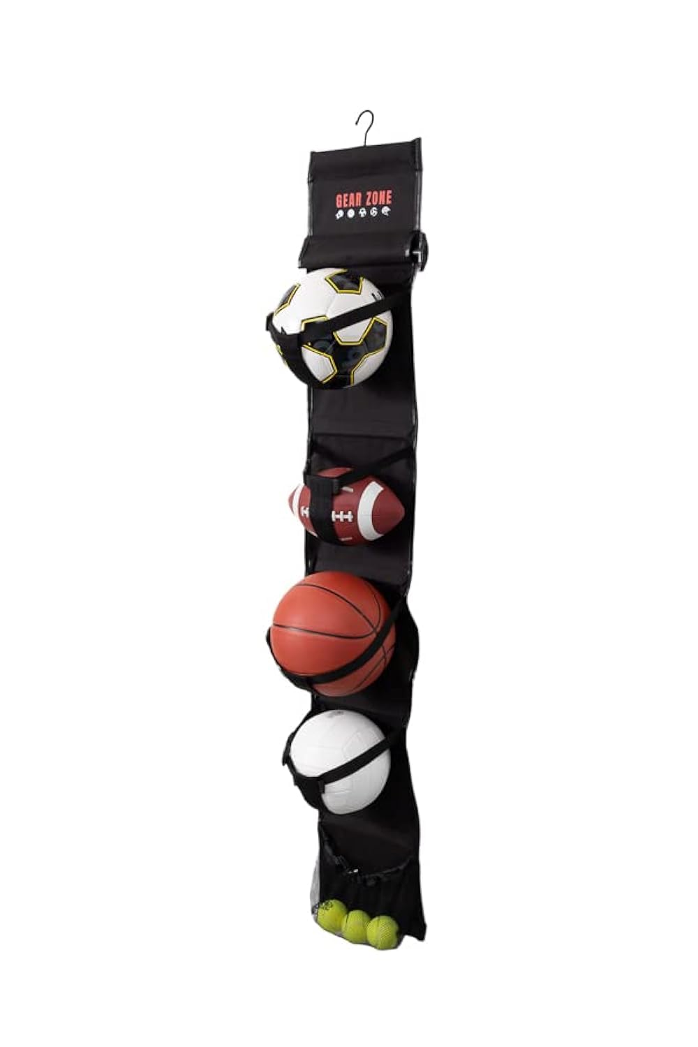 Gear Zone front view organizer showing four T-Strap stations and mesh pocket for neat storage benefit