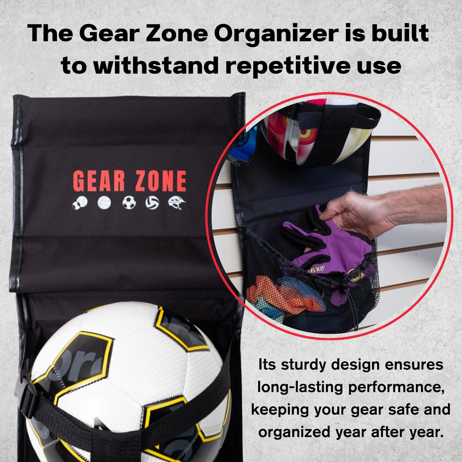 Gear Zone holding helmets and shoes showing versatile storage for bulky gear benefit