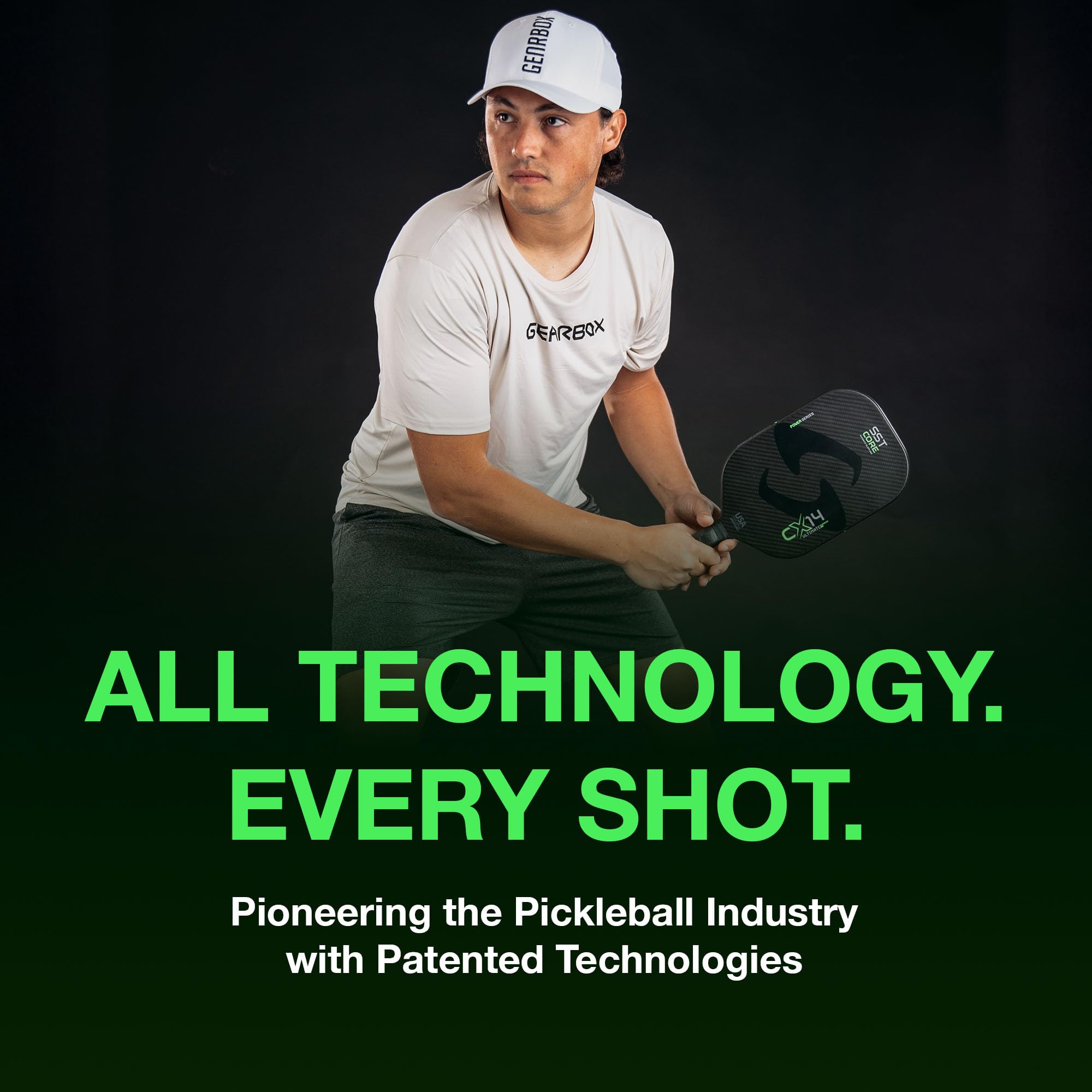 Player holding Gearbox CX14E showing grip size and elongated reach advantage