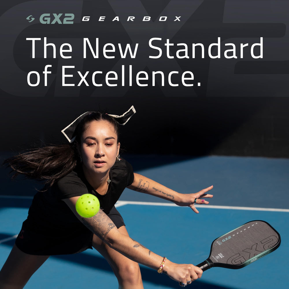 Gearbox GX2 Integra XL next to pickleball for scale showing enhanced hitting area
