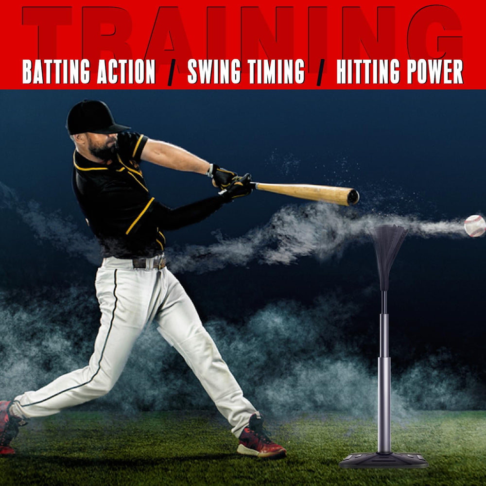 GEAVOUED tee beside baseball bat showing adjustable height scale benefit