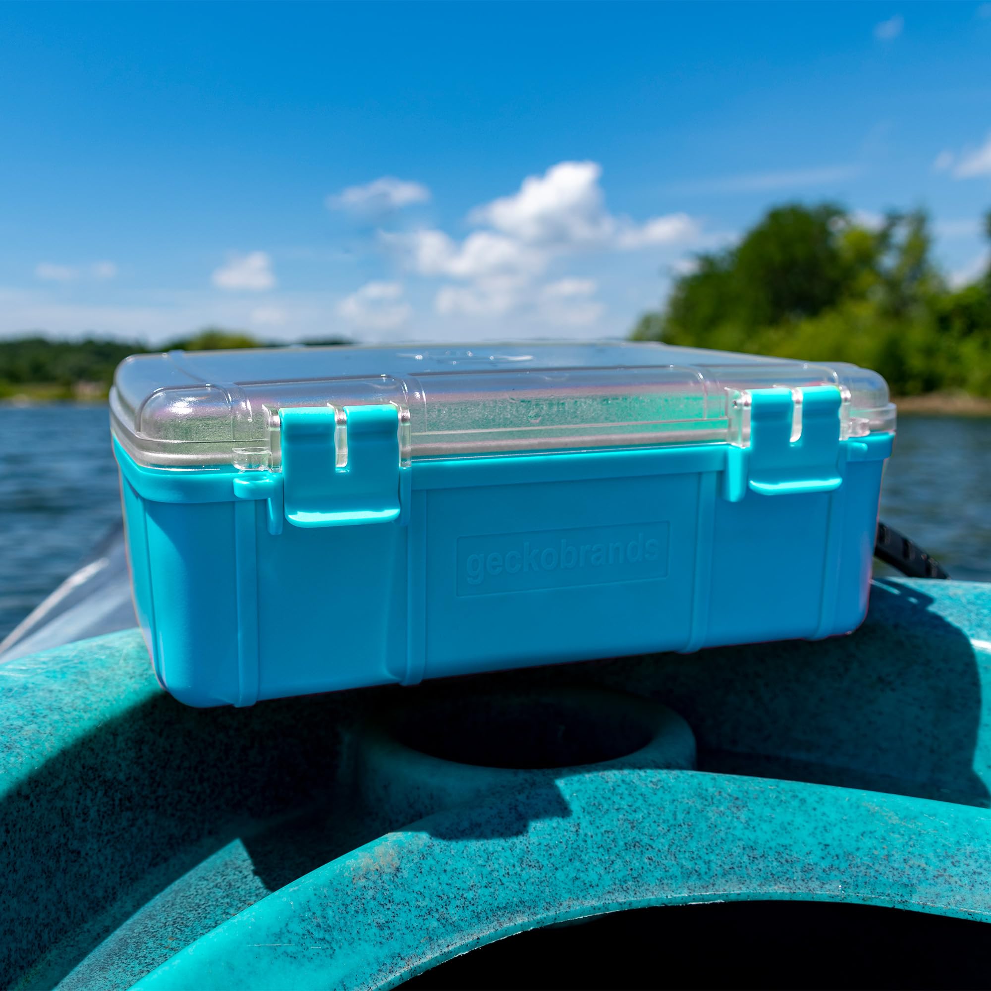 geckobrands dry box holding phone and camera for safe storage