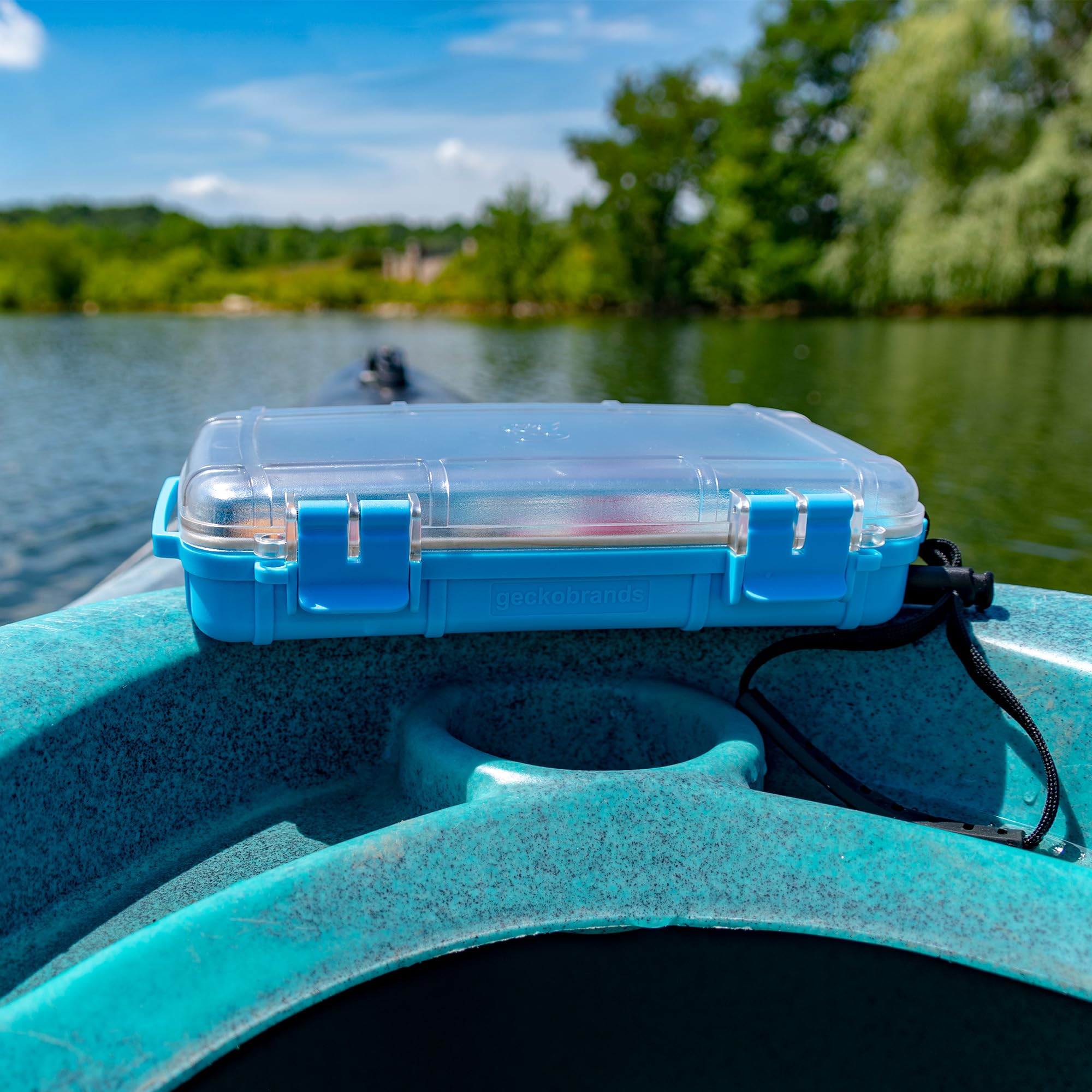 geckobrands mounted on kayak rail showing secure attachment for water activities