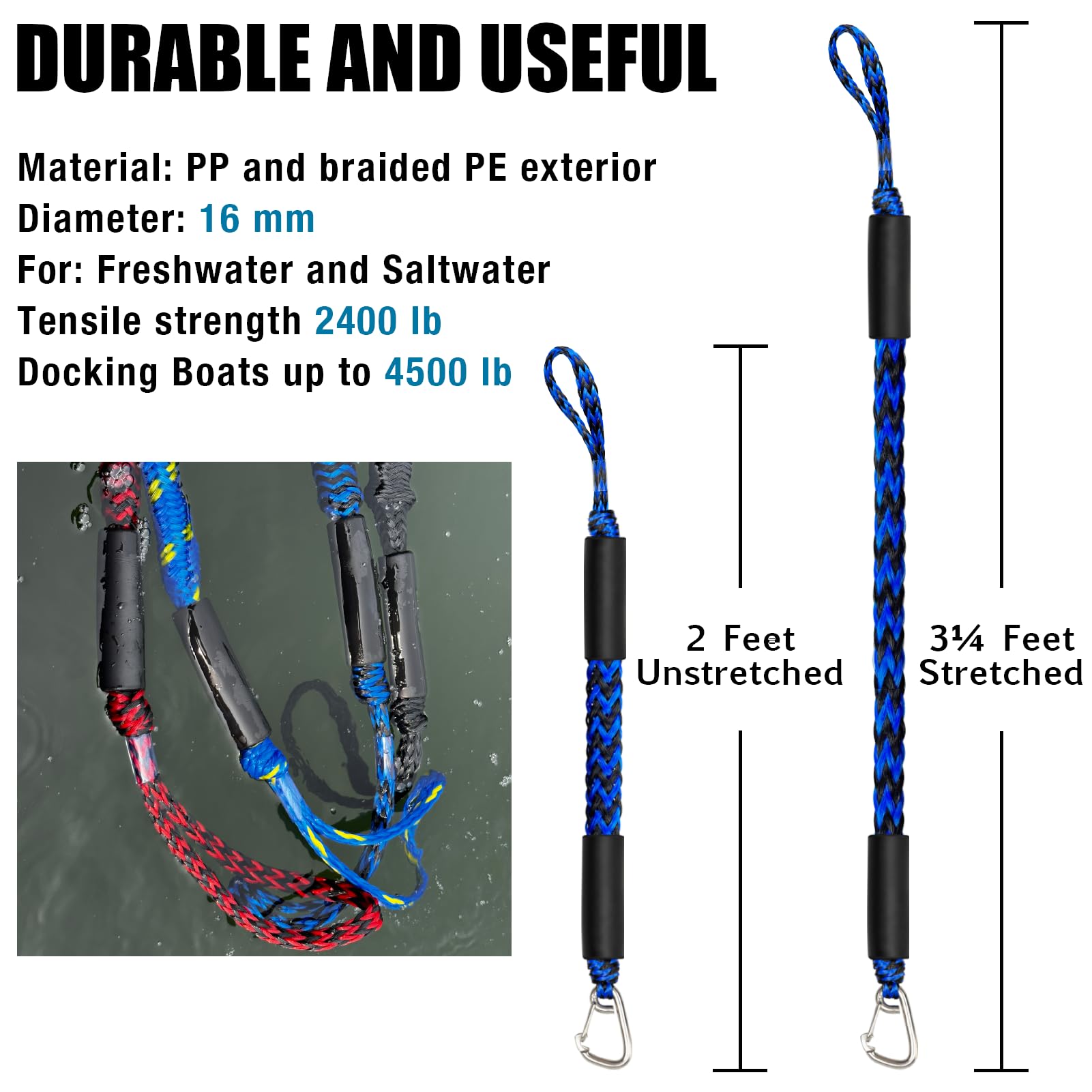 Geelu dock line attached to a fender in use, shock absorption reduces jerking