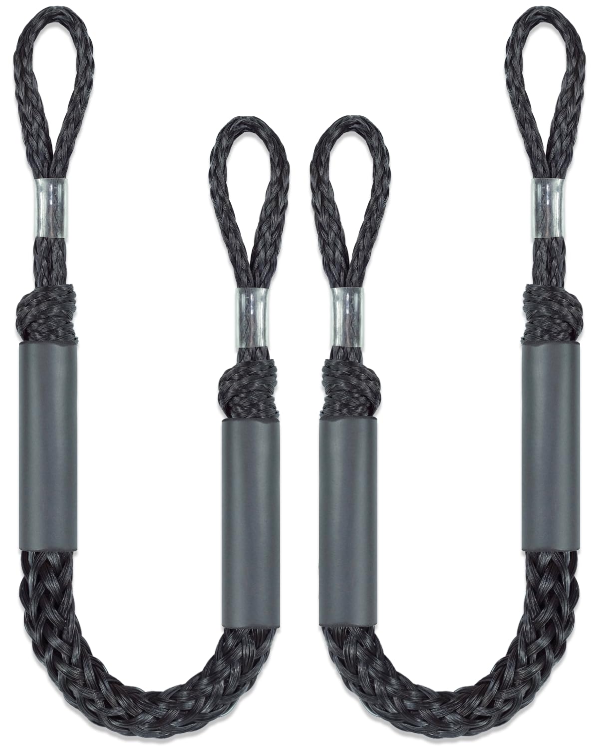 Geelu front view of two black bungee dock lines showing loops and floats, protects boat