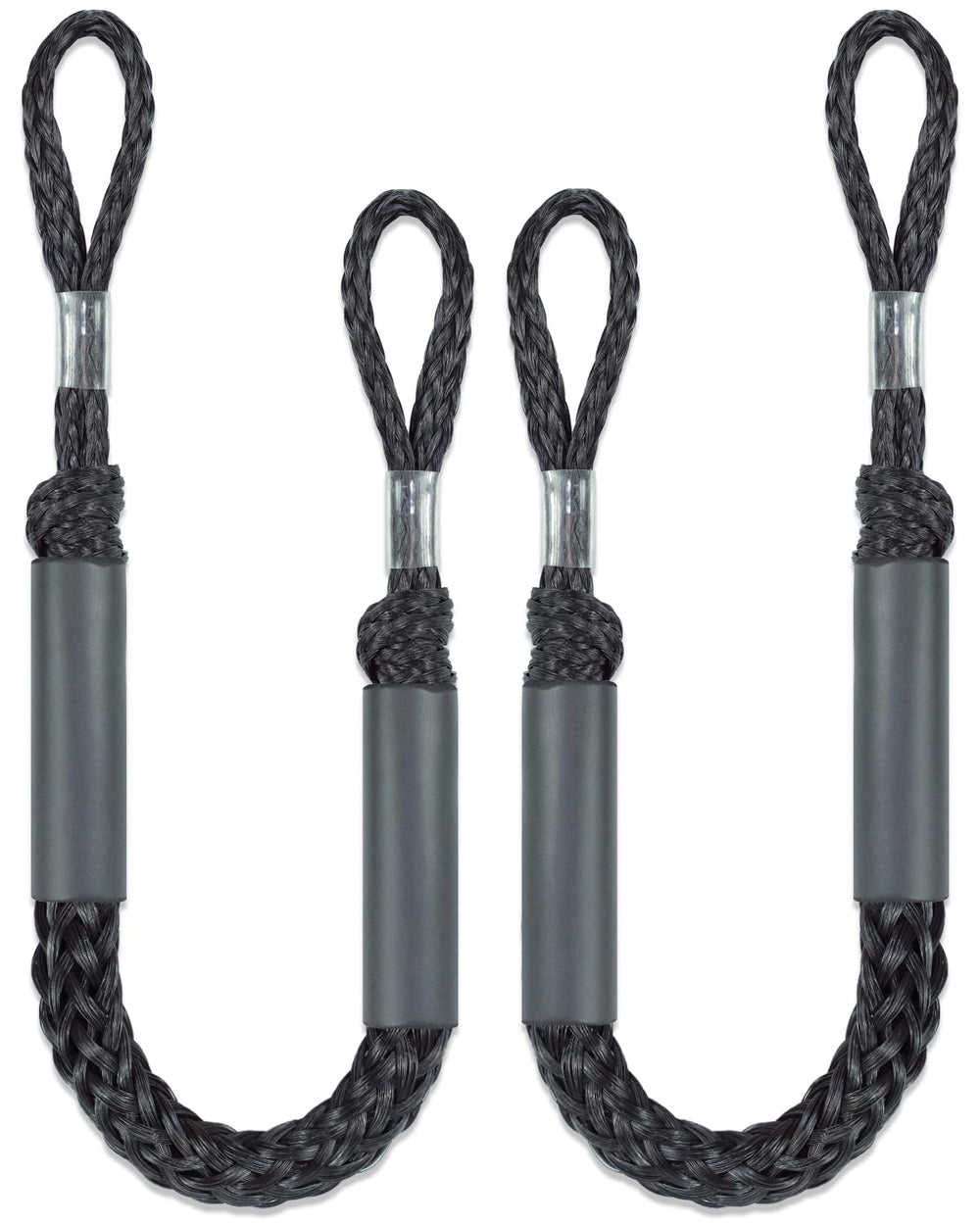 Geelu front view of two black bungee dock lines showing loops and floats, protects boat