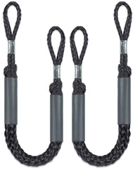 Geelu front view of two black bungee dock lines showing loops and floats, protects boat