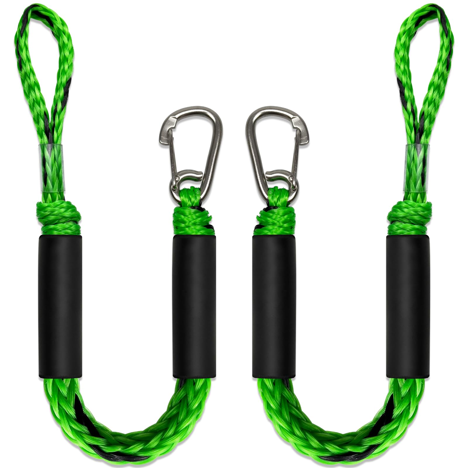Geelu front view showing two green and black bungee dock lines for quick identification and protection