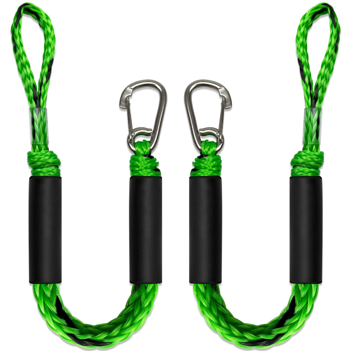 Geelu front view showing two green and black bungee dock lines for quick identification and protection