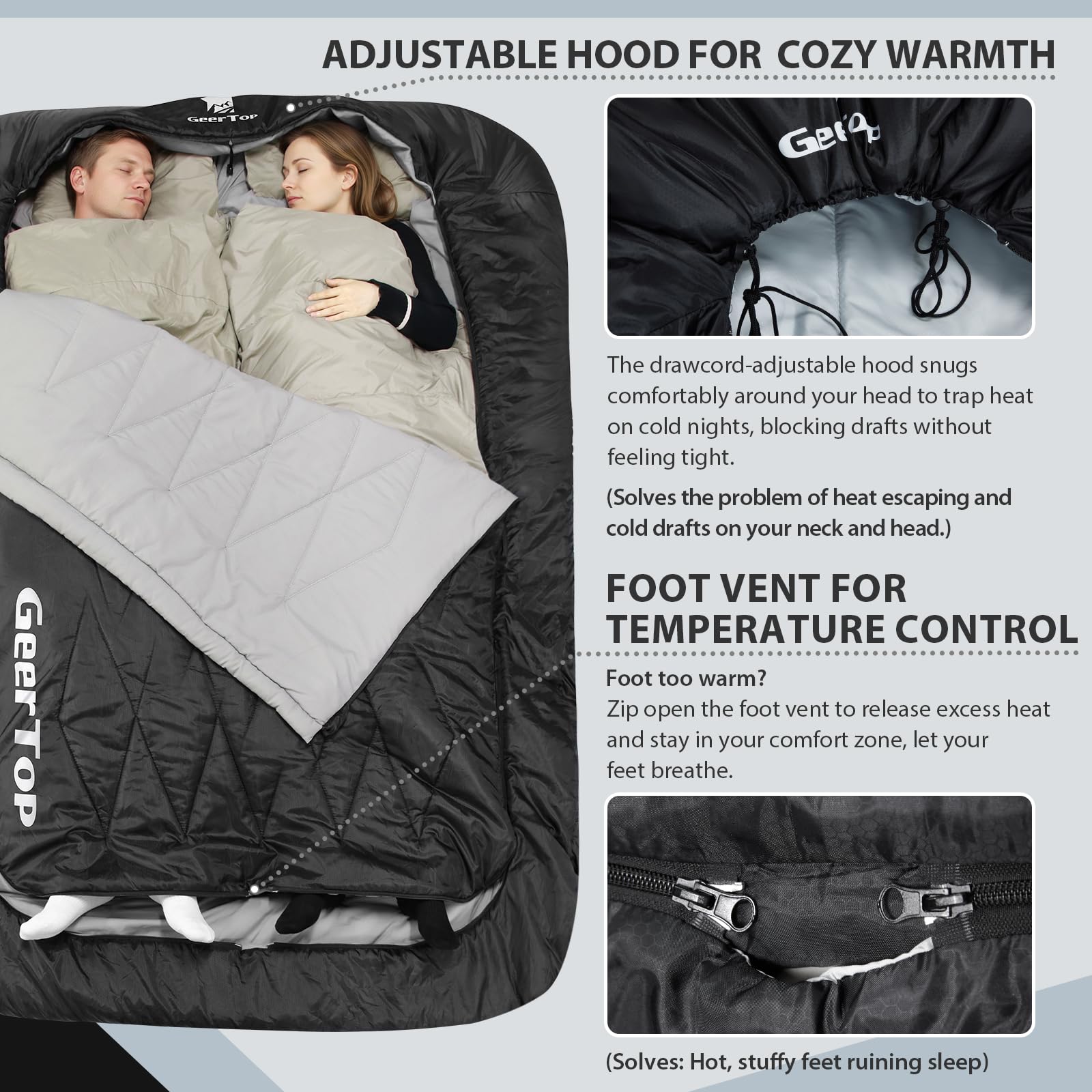 GEERTOP foot zipper opened to vent and regulate temperature for comfort