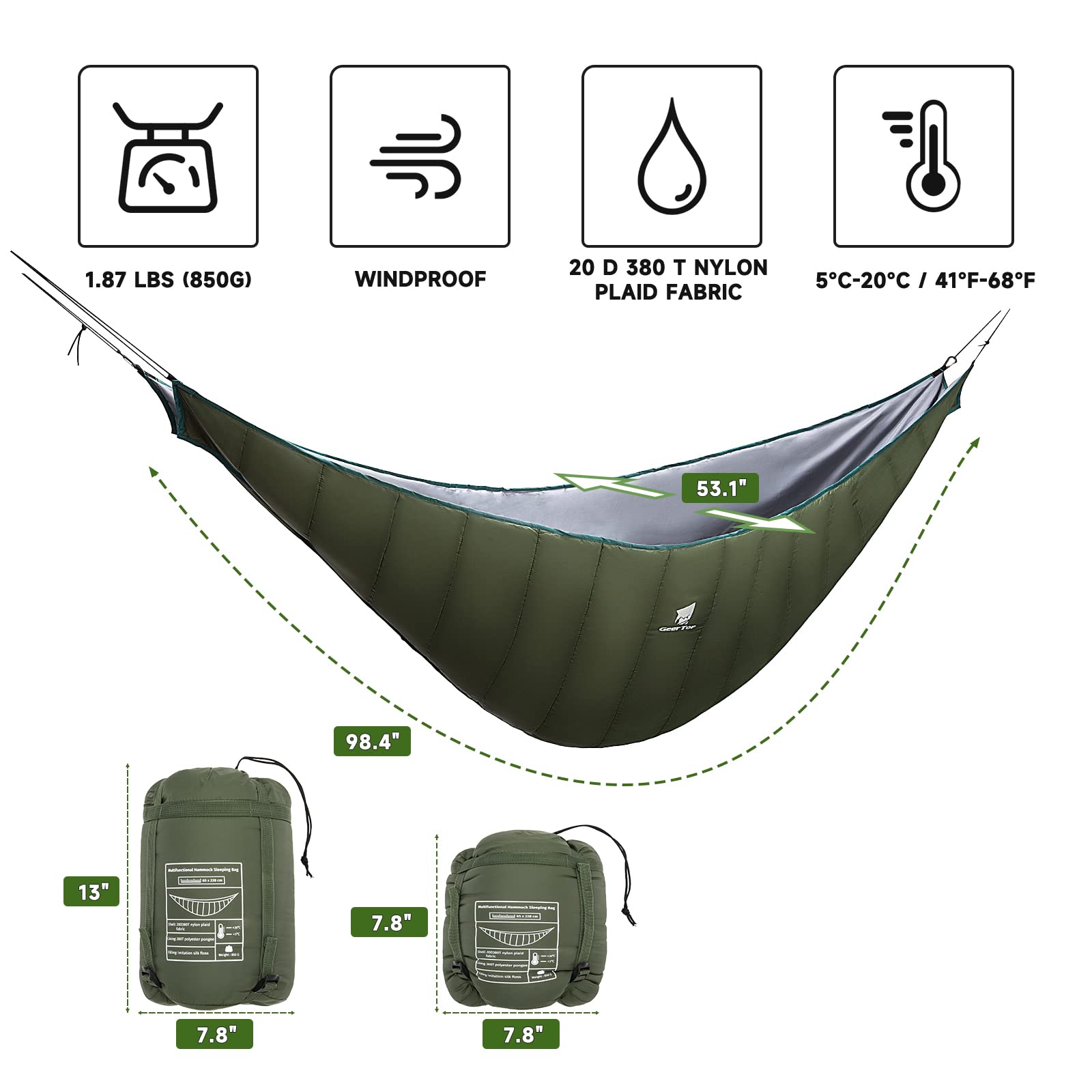 GEERTOP underquilt attached under hammock showing secure, even fit