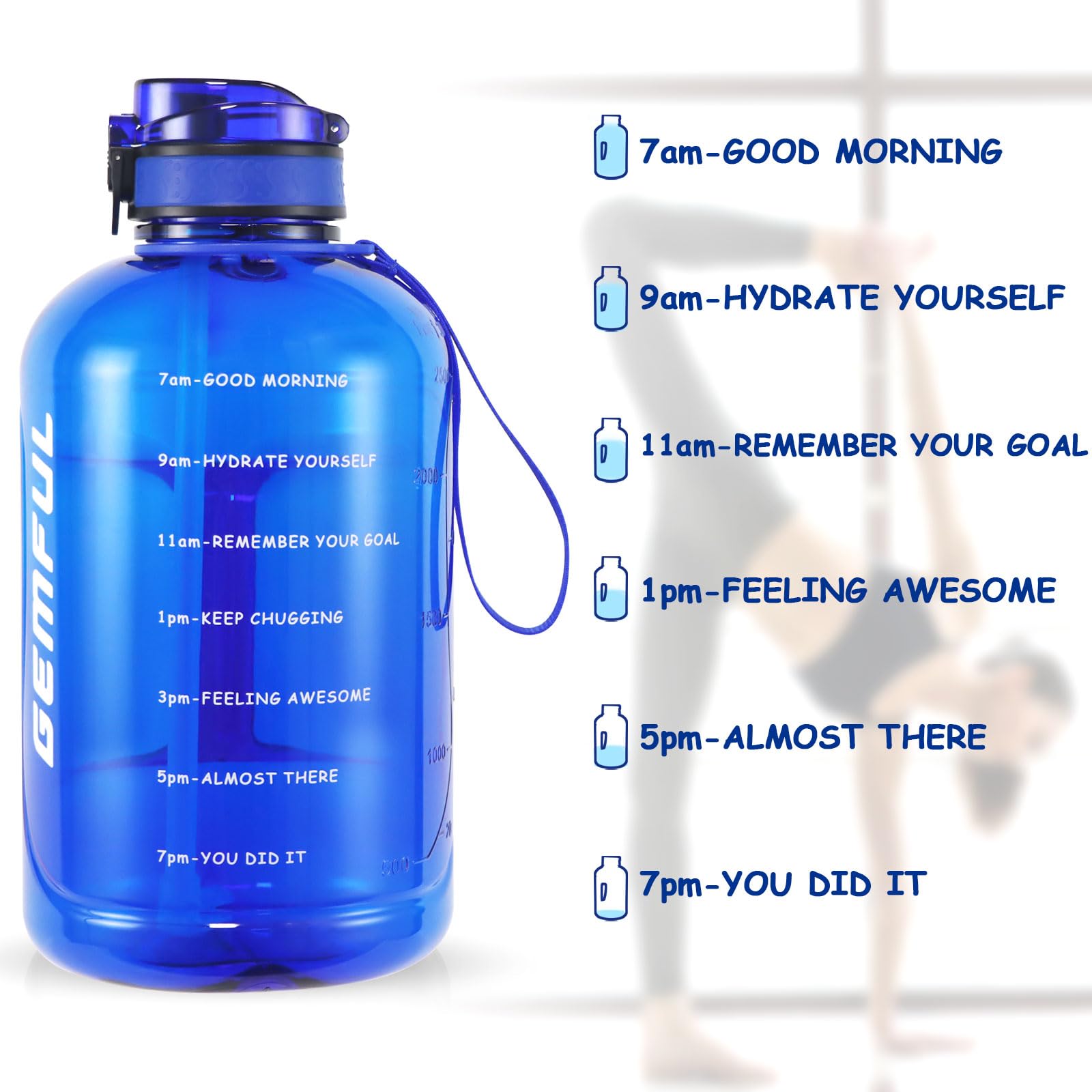 GEMFUL time markers and volume lines close-up for tracking hydration easily