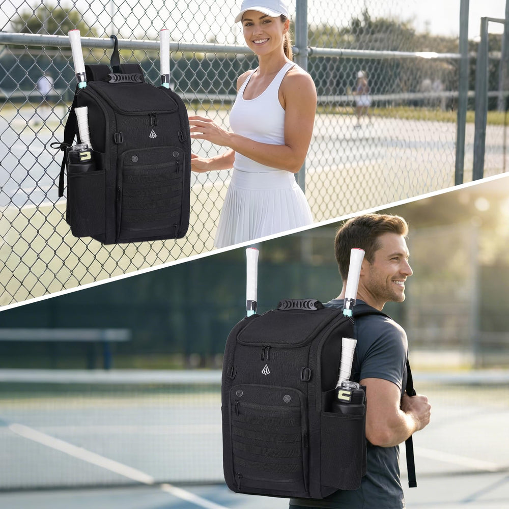 Gemgoal backpack on court lifestyle shot showing travel-ready organization