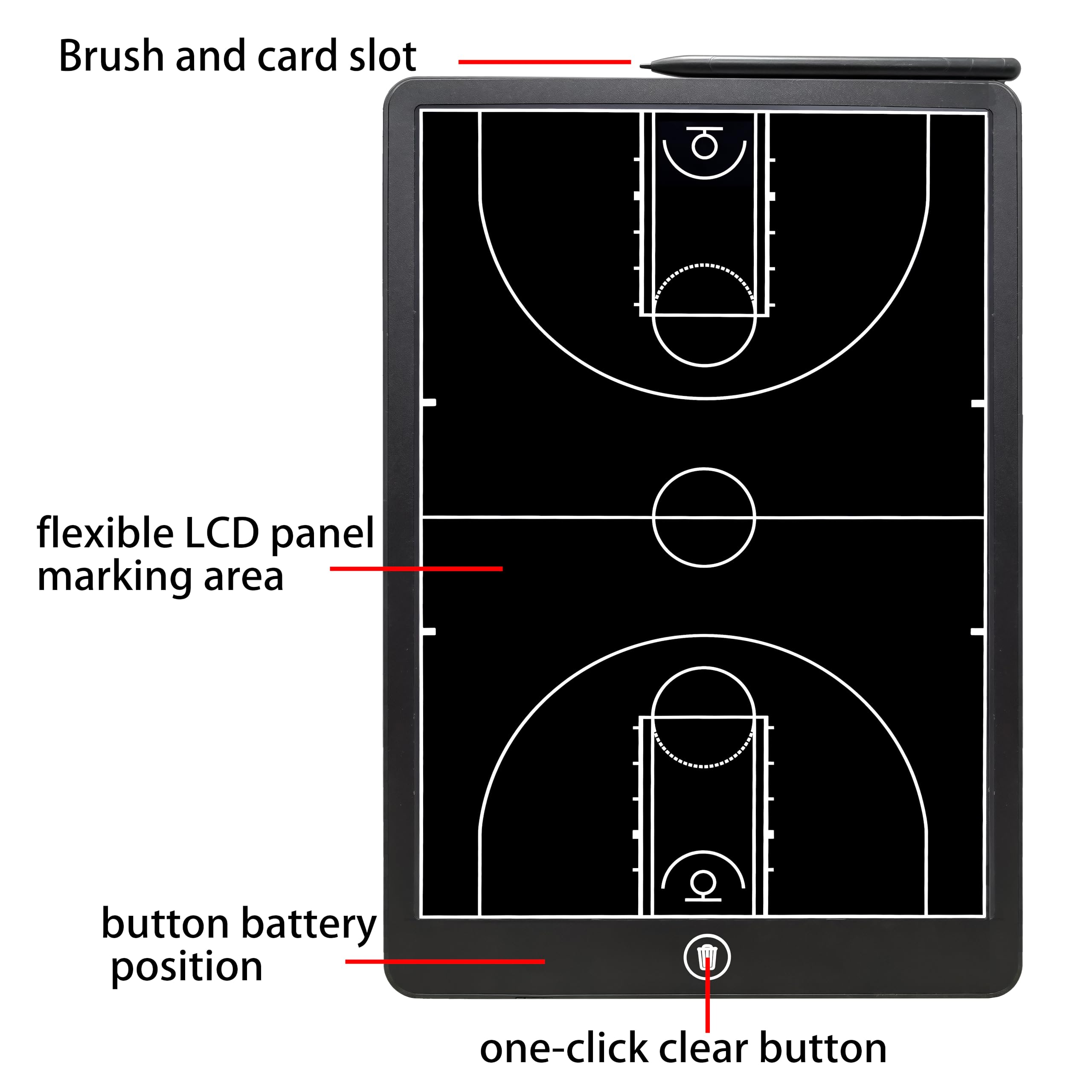 Generic coach clipboard beside a basketball to show scale and easy portability for coaches