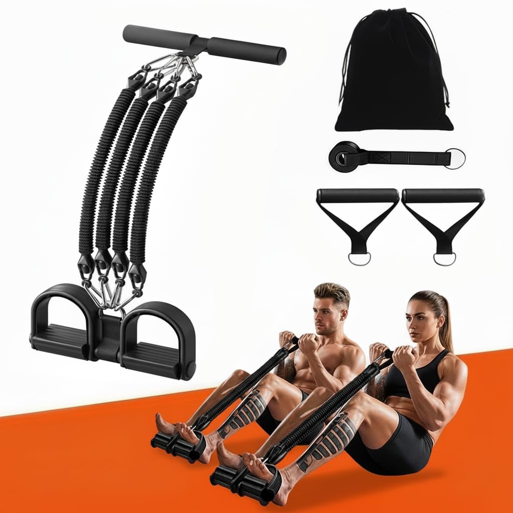 Generic pedal resistance band front packaging showing components and portability