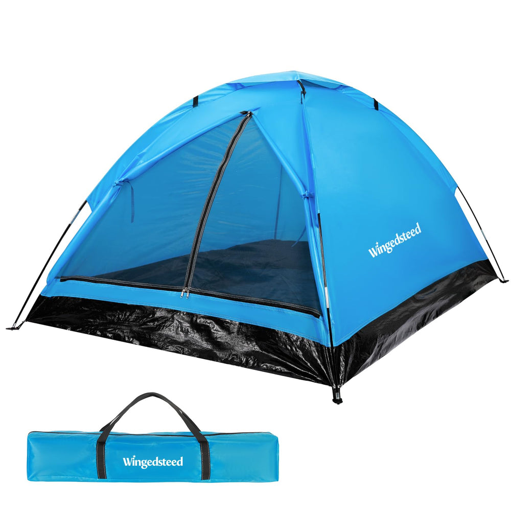 Generic front view of blue dome tent showing roomy entrance and weather protection