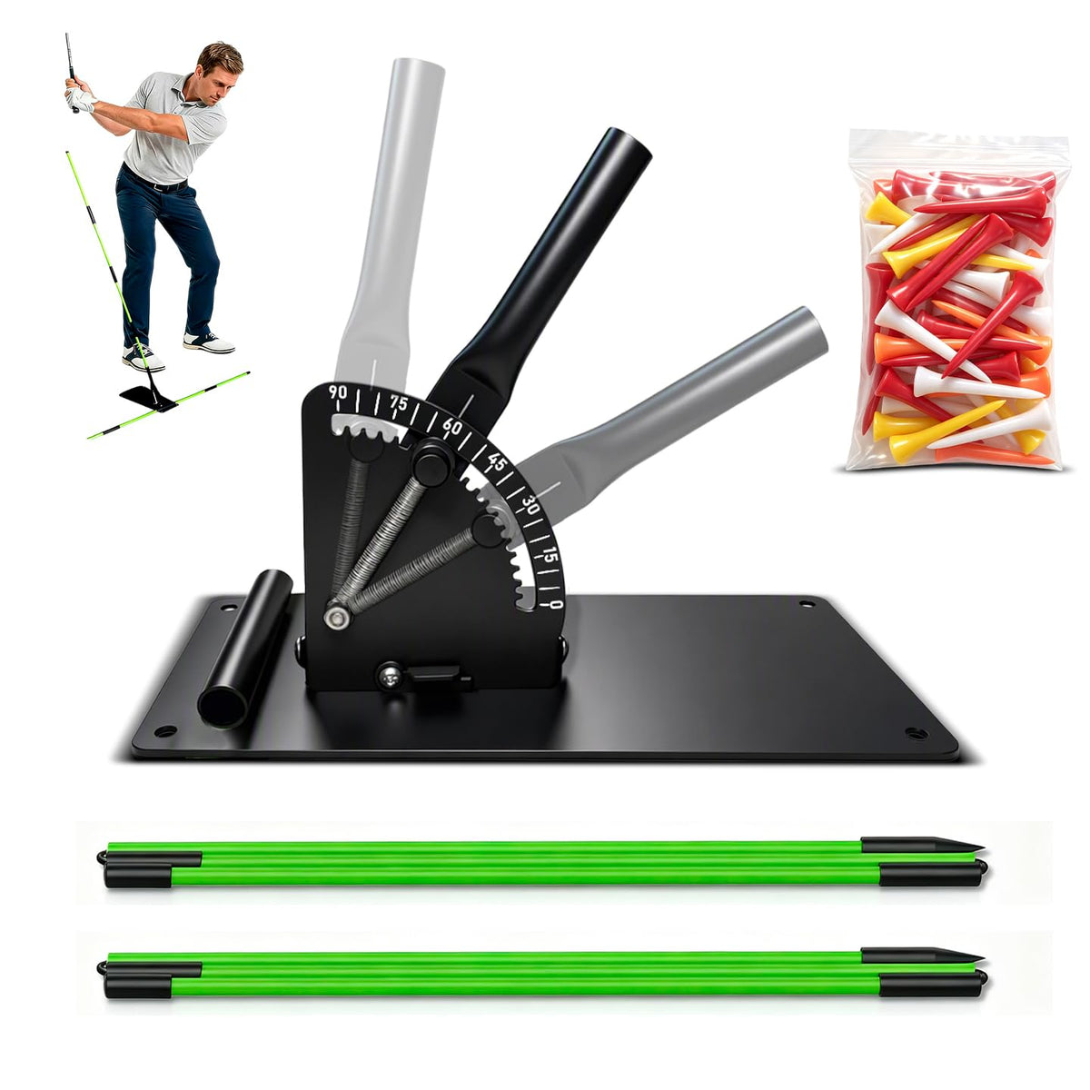 Generic front view of golf set showing stable base and rods for precise practice