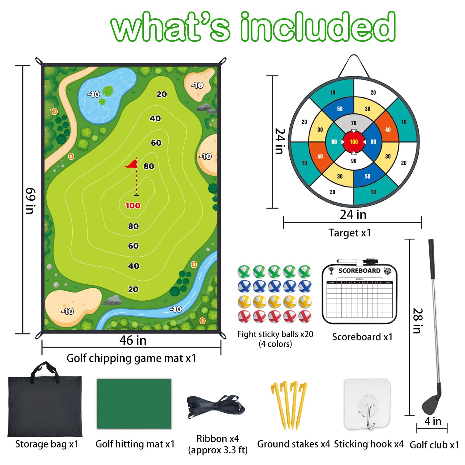 Generic brand set contents with club and sticky balls illustrating ready-to-play convenience