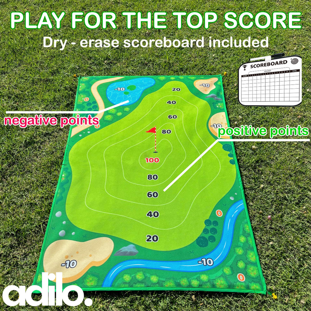 Generic brand backyard scene with player chipping to target demonstrating outdoor play benefits