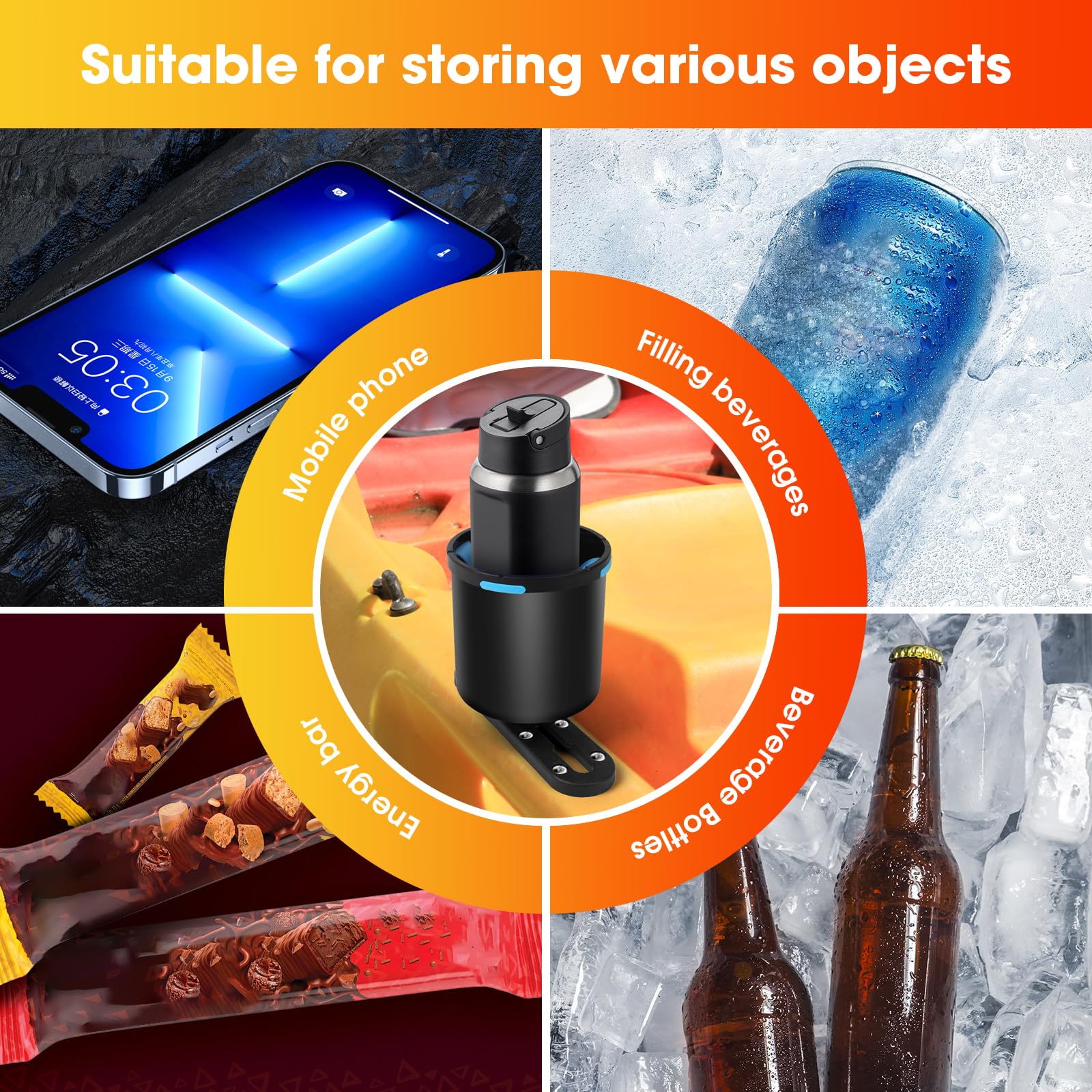 Generic kayak cup holder mounted on track with easy rotation benefit