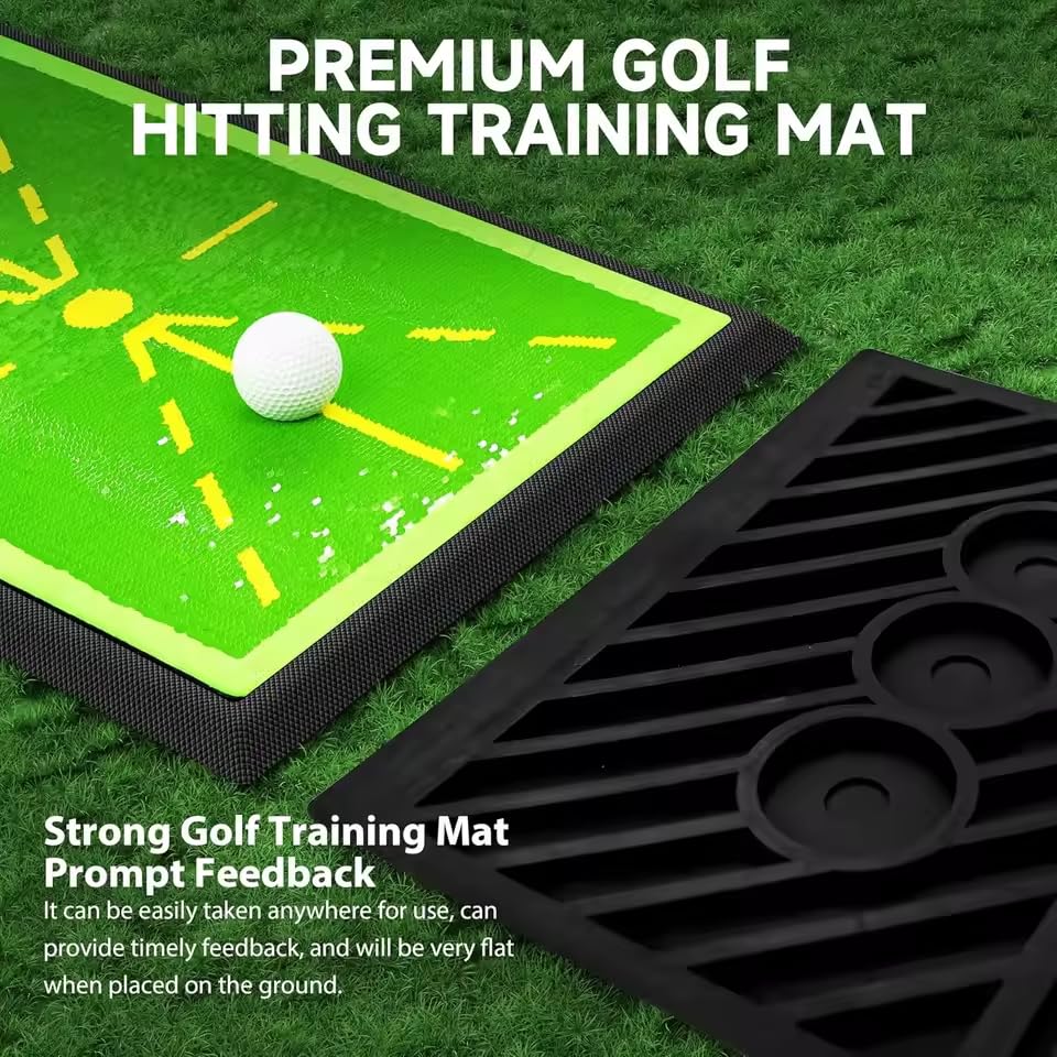 Generic mat next to golf club for scale demonstrating size and practice area clarity